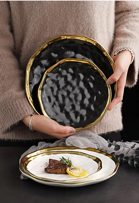 Black gold porcelana talheres conjunto cozinha prato cerâmica